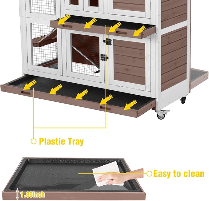 Aivituvin Rabbit Hutch Indoor, Bunny Cage with Wheels, 2-Story Design, 2 Deep Trays, Anti Slip Ramp, Ideal for Small Animals - Brown
