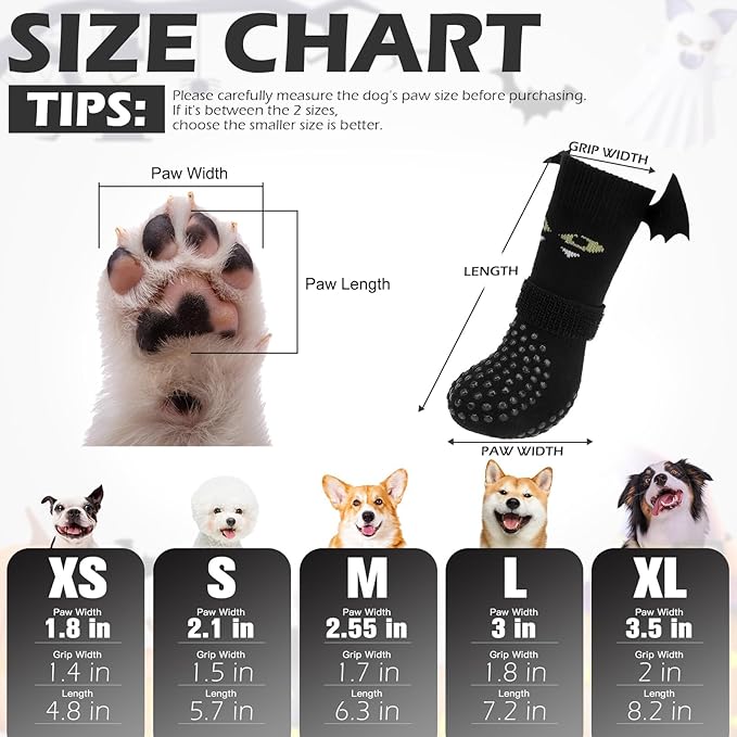 EXPAWLORER Halloween Anti Slip Dog Socks to Prevent Licking Paws, Boots & Paw Protectors with Grippers,Doggie Booties for Hardwood Floors for Small Medium Large Senior Dogs Costume Black Devil Wings S