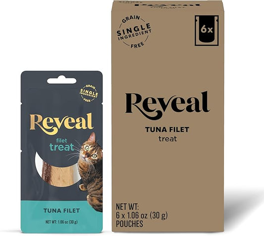 Reveal Natural Cat Treats, 6 Count Single Ingredient Treat for Cats, Grain Free, Whole Tuna Loin, 1.06 oz Bags