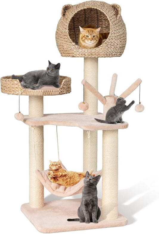 PETSITE Woven Cat Tree, Modern Cat Tower with Hammock & Scratching Posts, Cattail Condo & Top Perch, Cat Activity Tree for Indoor Cats