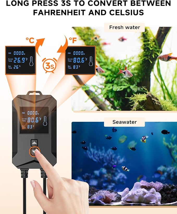 AQQA Aquarium Heater,64-95°F Fast Heating Double Quartz Glass Tube Fish Tank Heater,High-definition LCD Controller Displays Real-time Power,Anti-dry and Over-temperature Protection (1200W 210-330 Gal)
