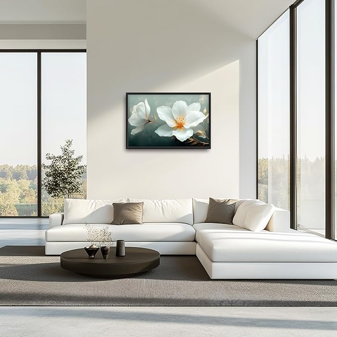 Large White Floral Wall Art for Living Room, Flower Canvas Oversized Wall Decor, Aesthetics Framed Pictures Painting Print Artwork for Bedroom Office 36L" x 24W"
