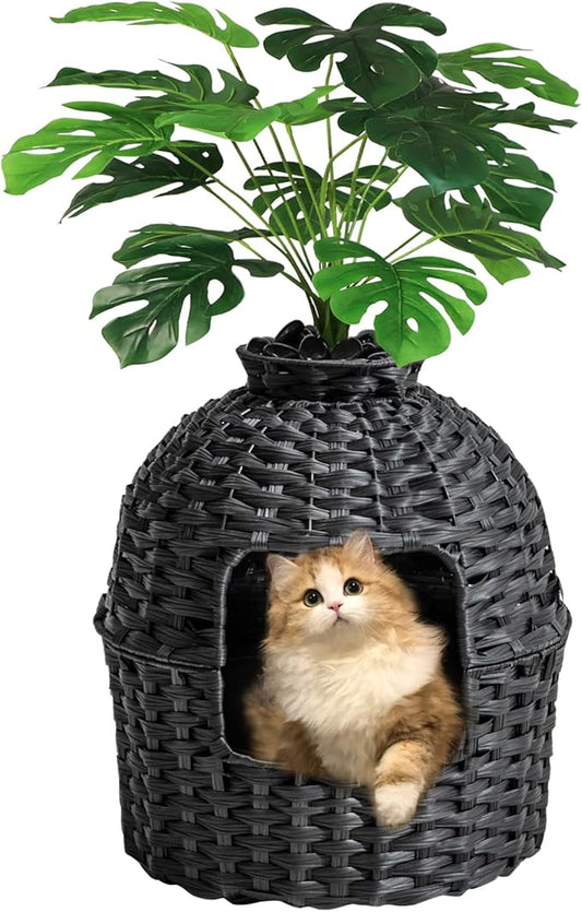 Cat Litter Box Plant Furniture Enclosure, Hidden Handwoven Rattan with Cat Litter Box and Artificial Plants, Odor Control Filter, Real Stones in Living Room, Bedroom, Corner (Black)