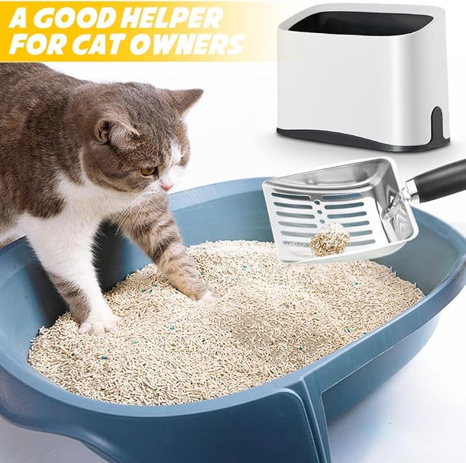 Cat Litter Scooper with Holder, Stainless Steel Cat Litter Scoop, Kitty Poop Scooper Stand for Litter Box, Cat Caddy for Litter Scoop, Fast Sifting Kitty Poop Scooper Caddy Poop Scooper Stand