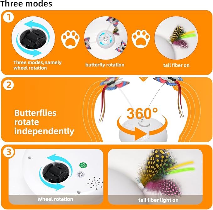 Cat Toy 3in1 Automatic Interactive Wand Toy for Indoor Cats,Moving Butterfly&Glowing Feathers Speedy Tail,Rechargeable Cat Enrichment Toys for Kittens