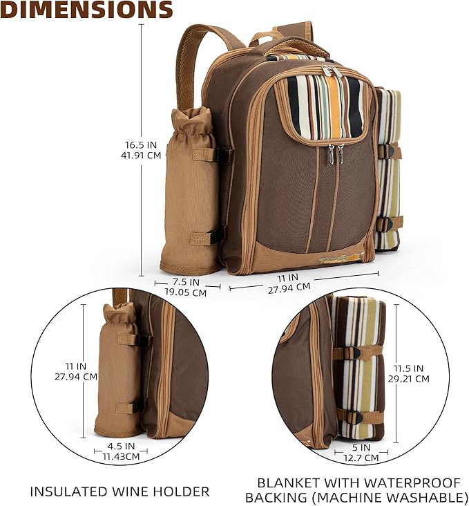Apollo Walker Picnic Backpack Bag for 4 Person with Cooler Compartment,Wine Bag, Picnic Blanket(45"x53"),Best for Family and Lovers Gifts (Brown)