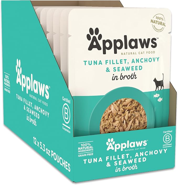 Applaws Natural Wet Cat Food in Broth, Limited Ingredient Wet Cat Food Pouches, No Additives, Made with Natural Ingredients, Tuna Fillet with Anchovy & Seaweed in Broth (12 x 5.3oz Pouches)