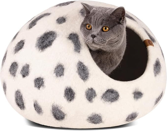 MEOWFIA Cat Cave – Premium Felt Cat Bed for Indoor Cats, Handmade 100% Merino Wool (Large, Snow Leopard)