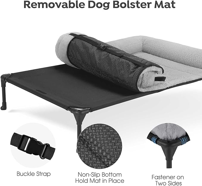 Veehoo Cooling Elevated Dog Bed with Fluffy Plush Bolster Cushion, Indoor Raised Dog Beds for Large Dogs, Soft Pet Sofa Cot with Removable Washable Mat, No-Slip Feet, 32 x 25 inches, Grey
