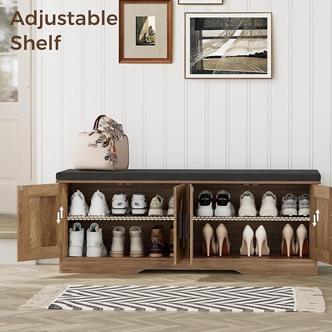 2-Tier Storage Bench, Shoe Bench with Padded Seat Cushion, Entryway Bench with 4 Barn Doors, Adjustable Shelf, 13.8" D x 47.2" W x 17.7" H, for Entryway, Living Room, Bedroom, Rustic Walnut