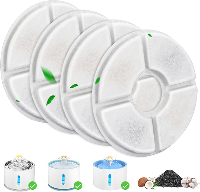 Cat Water Fountain Filter Replacement, 4 Pcs Cat Fountain Filters with 3-Filtration System, Round Cats Carbon Filters Compatible with 81oz /2.4L Round Automatic Pet Fountain Water Dispenser