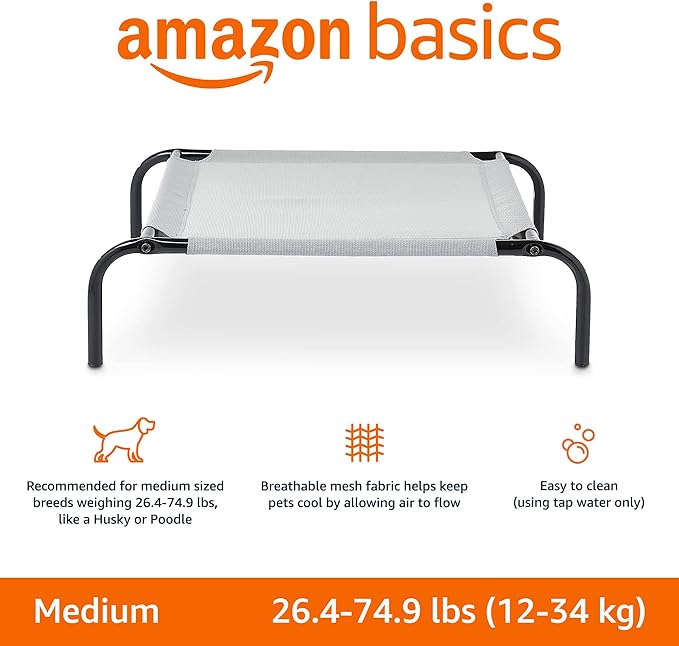 Amazon Basics Breathable Cooling Elevated Dog Bed with Durable Metal Frame, Medium, 43 x 26 x 7.5 Inch, Grey