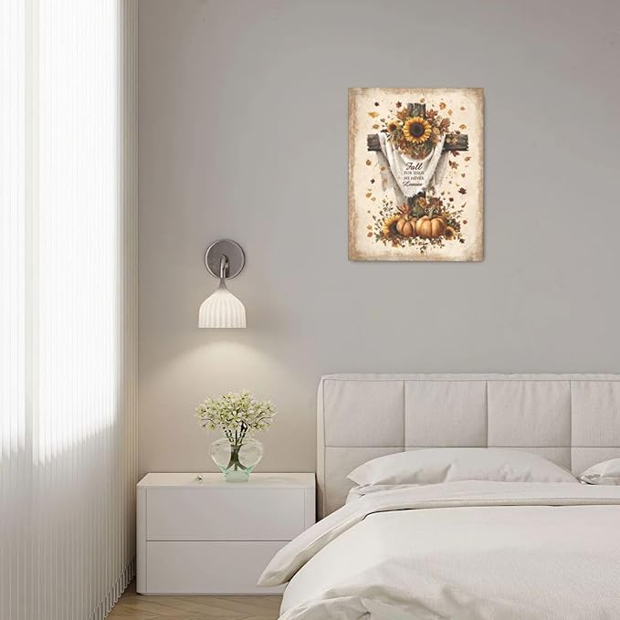 Christian Fall Wall Art Autumn Rustic Cross Sunflower Pumpkin Wall Decor Fall for Jesus He Never Leaves Pictures Painting Print Framed Artwork Decorations Gifts for Living Room Bedroom Prayer Room Office 16"x20"