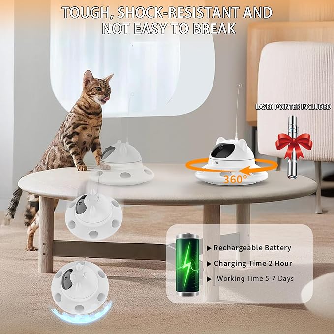 Cat Laser Toy,3-in-1Interactive Cat Toys Automatic Cat Toy with 360° Random Laser & Interactive Feather - 5 Laser PatternsUSB Rechargeable Motion Activated Moving - Fun Toys for Indoor Cats & Kittens