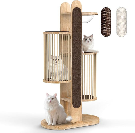 Modern Cat Tree Tower for Indoor Cats, 67" Tall Solid Wooden Cat Tower with Scratching Posts, 6 Level Natural Luxury Cat House with Big Bed, Washable Cushions Cat Furniture for Large Cats White Brown