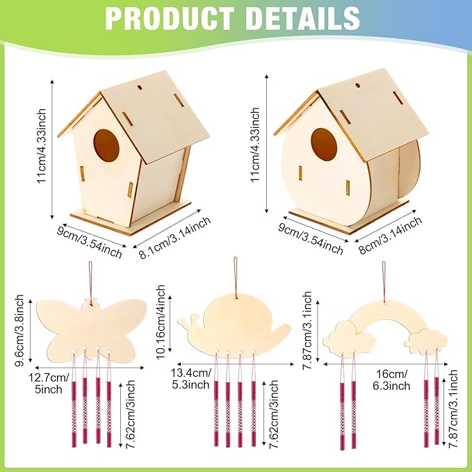 30 Pcs Crafts DIY Bird House Wind Chime Kit Unfinished Wood Birdhouse Kits 12 Wooden Birdhouses & 18 Wind Chimes Build and Paint Birdhouses Bulk Crafts Set