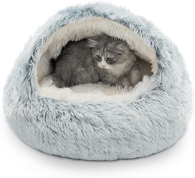 CATISM Cozy Plush Hooded Cat Bed, Indoor/Outdoor, Self-Warming Cave, Removable Washable Non-Slip Bottom