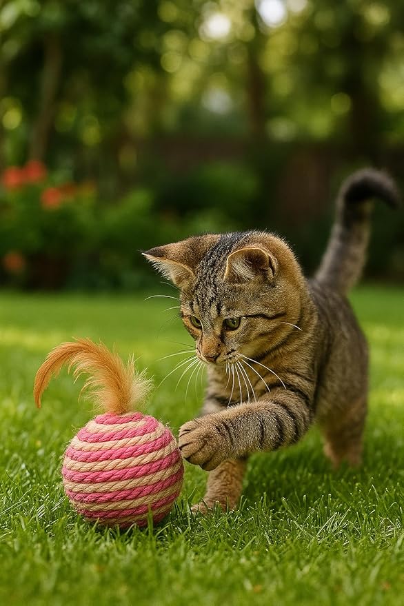 Ball for cat with Feathers - Balls for Cats – Natural Toy for Indoor Cats – Eco-Friendly, Durable, Interactive Play Balls for Kittens – Pet-Safe Chew & Scratch Toys (Red)