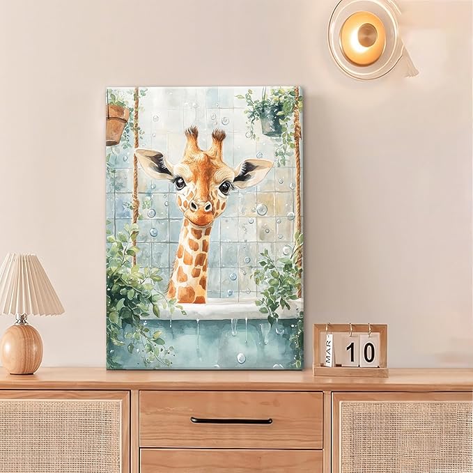 Bathroom Funny Giraffe Pictures Wall Art, Watercolor Giraffe Bathroom Wall Decor, Animal Framed Painting Canvas Artwork for Living Room Decorations 24"L x 16"W