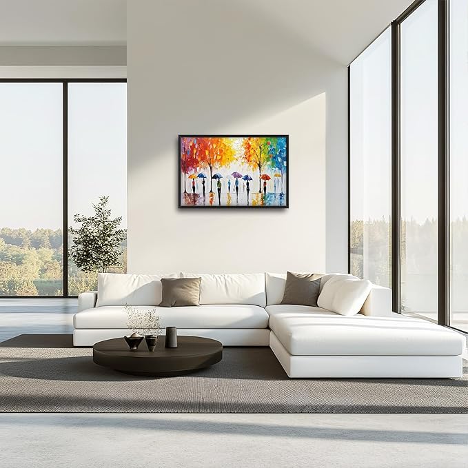 Large Abstract Tree Wall Art for Living Room, Framed Oversized People with Colorful Umbrella Wall Decor Street Canvas Painting Modern Artwork for Living Room Bedroom Office Dining Room 36"x24"