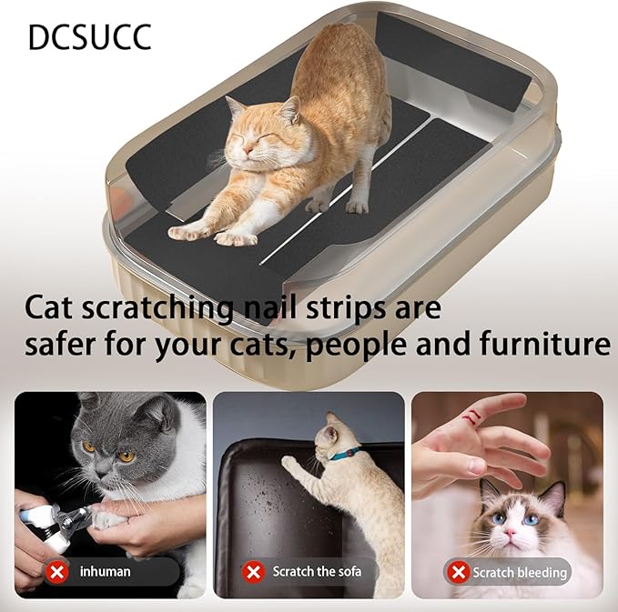 Cat Nail File Scratching Strips - 6 Pcs Cat Scratcher Liner for Litter Box, 3 Pairs Peel Stick Cat Strips in Different Sizes - Recommended for Litter Box Use (Black)