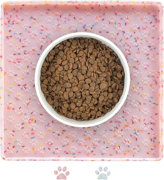 Ptlom Dog Food Mat Anti-Slip Dog Bowl Mats for Food and Water, Waterproof Pet Placemat Prevents Messy Spill to Floor, Silicone Puppy Feeding Tray for Small, Medium and Large Dogs Cats, Pink