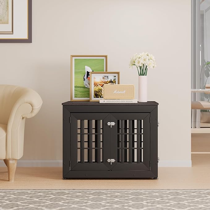 32" Heavy Duty Dog Crate Furniture for Small,Medium and Large Dogs,Rustic Wooden Dog Cage Kennel Indoor Furniture with Waterproof Top,Decorative Pet House Side End Table (Black & Grey)