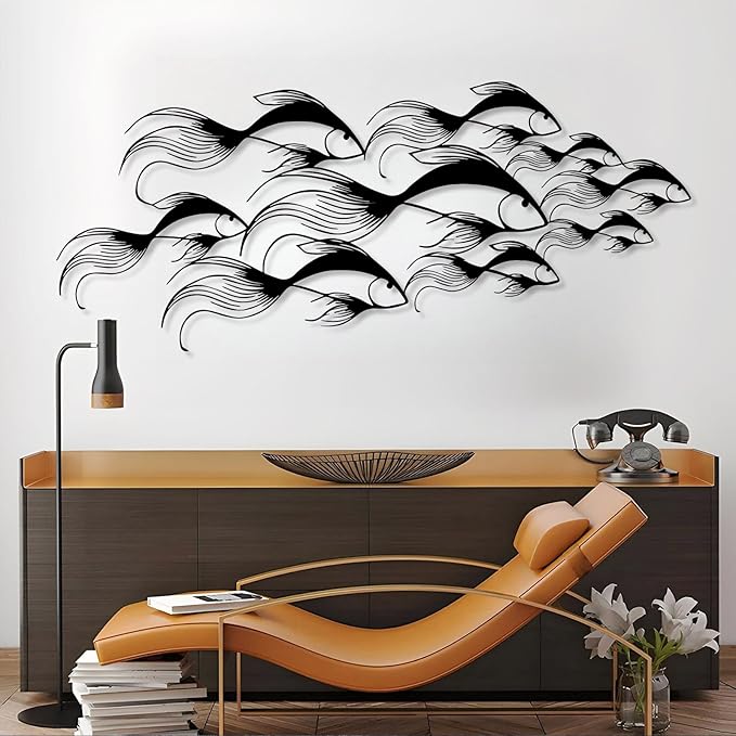 School of Fish Metal Wall Art, Metal Fish Wall Decor, Sea Life Wall Art, Large Nautical Wall Hanging, Modern Beach House Wall Decor, Ocean Themed Artwork for Bathroom (Silver, 41"x18" | 105x45cm)