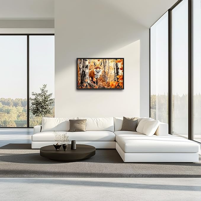 Large Fox Wall Art for Living Room, Framed Oversized Fall Autumn Forest Wall Decor Tree Maple Leaves Canvas Painting Modern Artwork for Living Room Bathroom Bedroom Office Dining Room 36"x24"