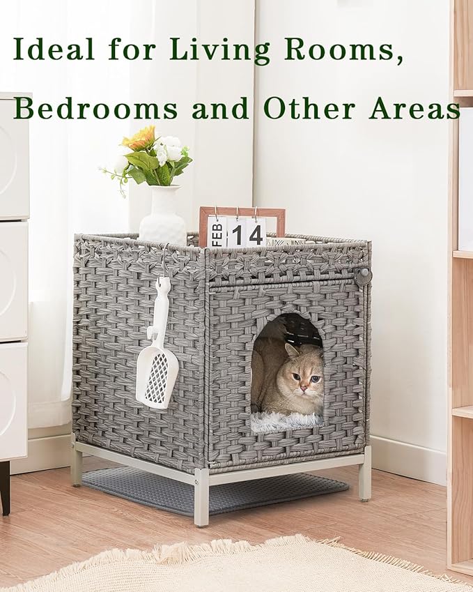 Cat Litter Box Enclosure Hidden Litter Box Furniture with Metal Heightened Feet, Rattan Handwoven Cat House with Litter Mat, Hidden Litter Box Furniture for Bedroom Living Room Gray