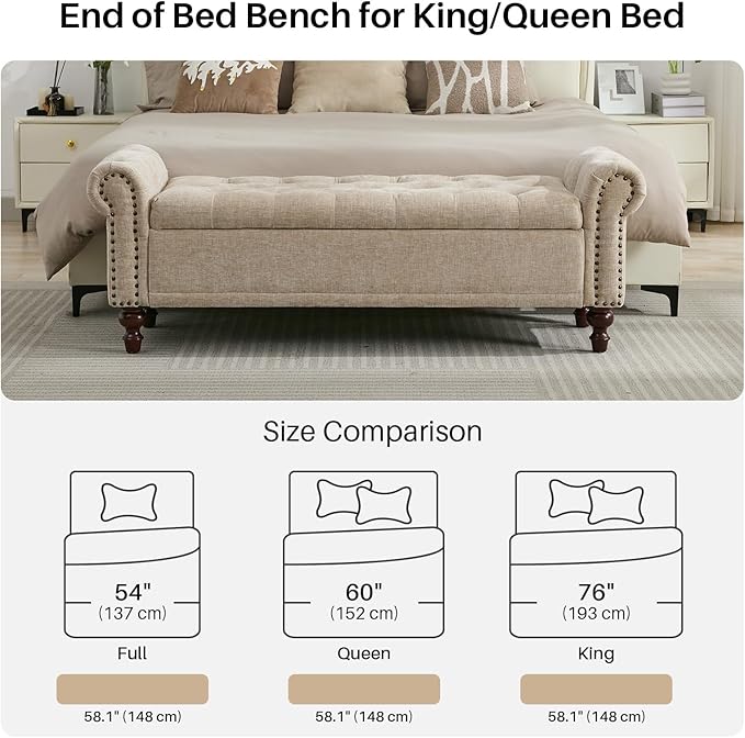 58.1'' Storage Bench Upholstered Chenille End of Bedroom Bed Bench Ottoman with Tufted Cushioned Rolled Arm Large Storage Space for Reading Living Room Entryway, Light Brown