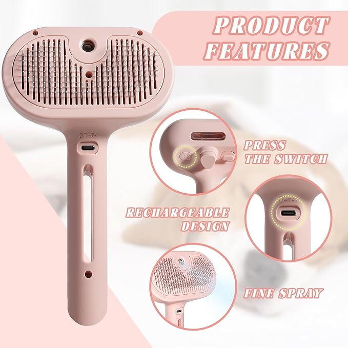 Cat steam brush – Effective Pet Brush for Indoor Cats, Steam Technology for Shedding, Mats & Grooming – Ideal cat brush indoor for Deep Cleaning (Pink)