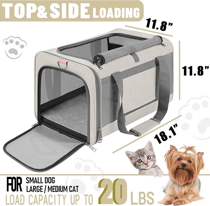 Pet Carrier for Large Cat 20 lbs+ / Soft Sided Small Dog 12 Pounds Travel Crate Top Load/Collapsible Kitty Carry Bag Big Kitten Mesh/Sturdy Animal Transport cage Kennel Long Trips Beige