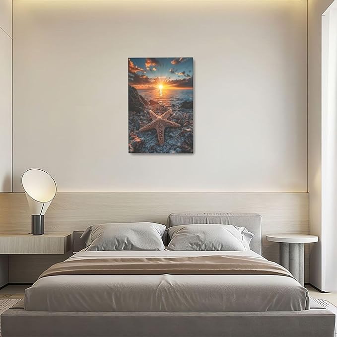 Beach Starfish Wall Decor Ocean Starfish Wall Art Sunset Scenery Coastal Theme Pictures Canvas Nature Seascape Painting Print Framed Artwork Decorations for Home Bathroom Living Room Bedroom Office 16"x24"