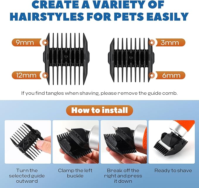 200W Pet Grooming Clippers for Thick Heavy Coats, 2000-6000rpm Stepless Speed Control & 10ft Power Cord, Low Noise< 50db, Dog Trimmer Kit with Extra Detachable Blade & 2 Limit Combs of 4 Sizes
