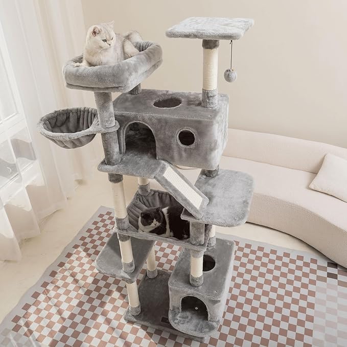 73 inches Large Cat Tree for Indoor Cats, Tall Cat Tower with Sisal Scratching Posts and Pads, Padded Plush Perch, Cozy Basket, Plush Condo for Large Cats (Grey)