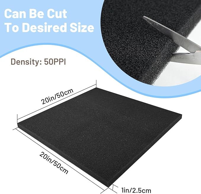 Aquarium Sponge Filter – Cut-to-Fit Filter Foam for Most Fish Tanks, Efficiently Traps Debris & Particles, Easy to Clean Prefilter Sponge for Aquarium, Dye-Free, 20x20x1 Inch, (50PPI)