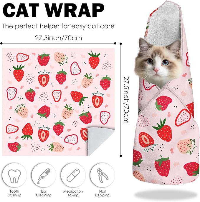 27.6" Cat Grooming Wrap, Self Adhesive Cat Wrap for Cutting Nails, Anti-Escape Calming Cat Swaddle Wrap for Medicine Ear Cleaning, Strawberry Anti-Scratch Cats Burrito Restraint Blanket, Pet Tool
