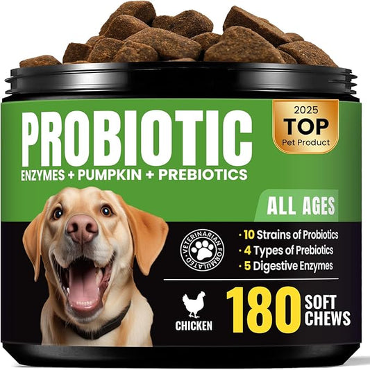 Probiotics for Dogs - Dog Probiotics with 5 Enzymes & 4 Prebiotics for Itchy Skin, Pet Probiotics lab for Digestion & Gut Support, Helps Diarrhea, Yeast Infection, Allergies & Immune System -180 Chews