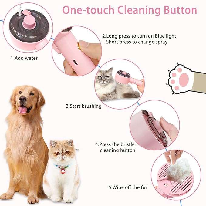 Cat Steam Brush For Shedding, Steamy Dog Grooming Brush With 2-Speed Spray, Blue Light And Release Button, Rechargeable Water Pet Hair Brushes Wet Self Cleaning Spa Comb