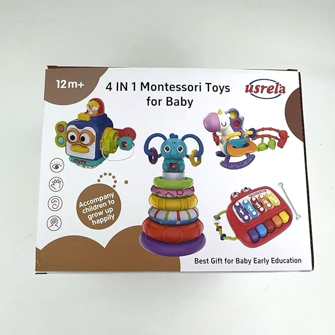 4 in 1 Baby Toys for 6 12 18 Month, Learning Toys for Babies 6-12 Months, Busy Cube, Stacking Sorter, Piano Xylophone Pull String Travel Toy, Birthday Gifts for Toddlers 1 2 Years Old