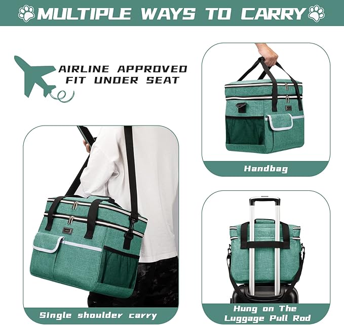 BAGLHER Dog Travel Bag for Supplies - Double-Layer Airline Approved Weekend Pet Travel Organizer Set for Dog and Cat Tote with 2 Pet Food Containers and 2 Collapsible Silicone Bowls Green