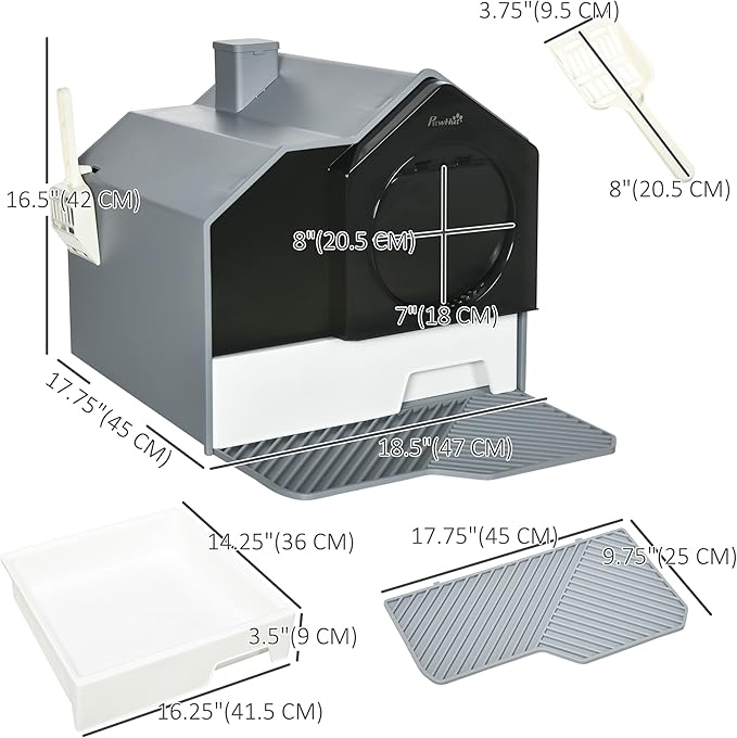 PawHut Hooded Cat Litter Box with Kitty Litter Mat, Kitty Litter Pan with Odor Control, Easy-Clean Pull-Out Drawer, Handle, Scoop, Gray