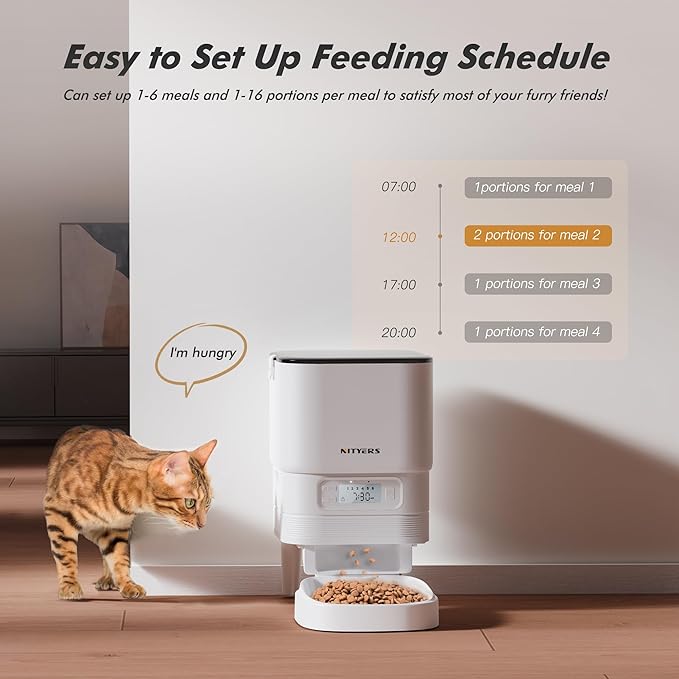 Automatic Cat Feeder - Nityers 4L Timed Cat Dry Food Dispenser, Programmable Portion Size,1-6 Meals Per Day, Dual Power Supply, Detachable Washable, Auto Pet Feeder for Cats and Small Dogs