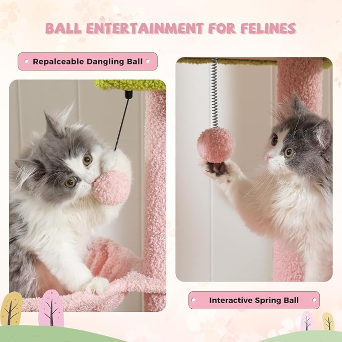 PAWZ Road Pink Cat Tree, Floor to Ceiling Cat Tower with Adjustable Height(85-112 Inches), 7 Tiers Climbing Activity Center with Cozy Hammocks, 5 Platforms and Scratching Posts for Indoor Cats-Pink