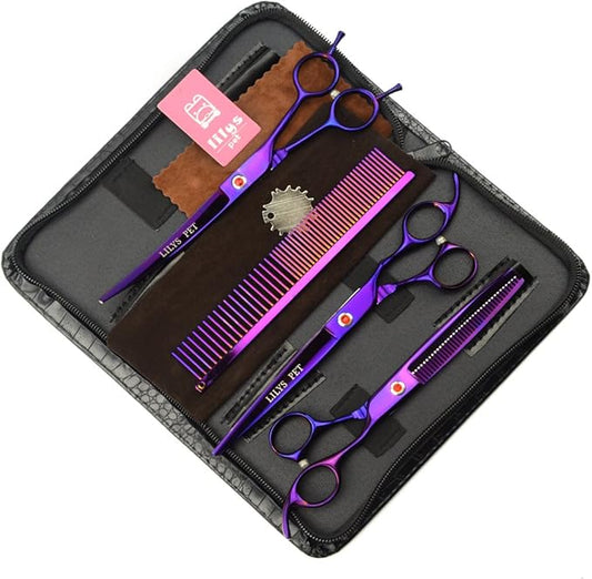 LILYS PET Professional PET Grooming Scissors Kit,Coated Titanium,Sharp and Strong Stainless Steel Blade for Dogs Cats Hair Cutting,3 Pieces of Scissors with a Comb and a Case (8.0 inches, Purple)