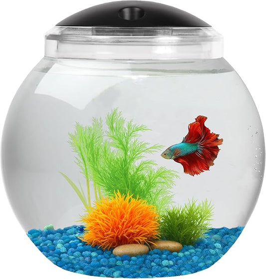 Koller Products 2-Gallon Fish Bowl, Impact- Resistant Plastic Betta Fish Tank with LED Lighting (7 Color Selections), Buit-in Timer, Crystal-Clear Clarity, Desktop Aquarium Tank for Home Décor