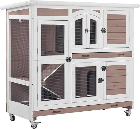 Aivituvin Rabbit Hutch Bunny Cage with Wheels Indoor Outdoor 47" Two Story Guinea Pig Cage with 2 Deep No Leak Tray