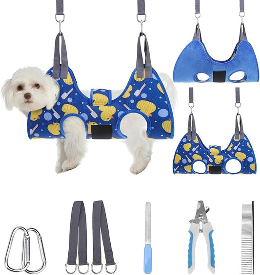 PAWCHIE Dog Grooming Hammock Harness for Dogs & Cats with Pet Nail Clipper Trimmer - Cat Hanger Sling for Trimming Clipping Nails- Dog Hammock Restraint Bag for Small Medium Large Dog, Navy Blue XS