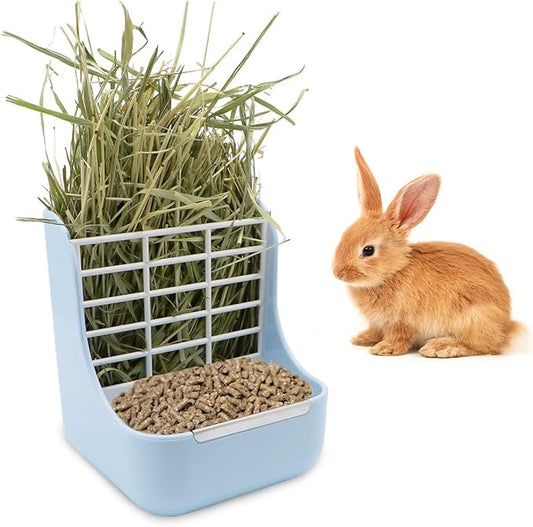 Litewoo Rabbit Hay Feeder Guinea Pig Feeder, 2 in 1 Automatic Small Animal Food Bowl Feeding Cage Accessories (Blue)